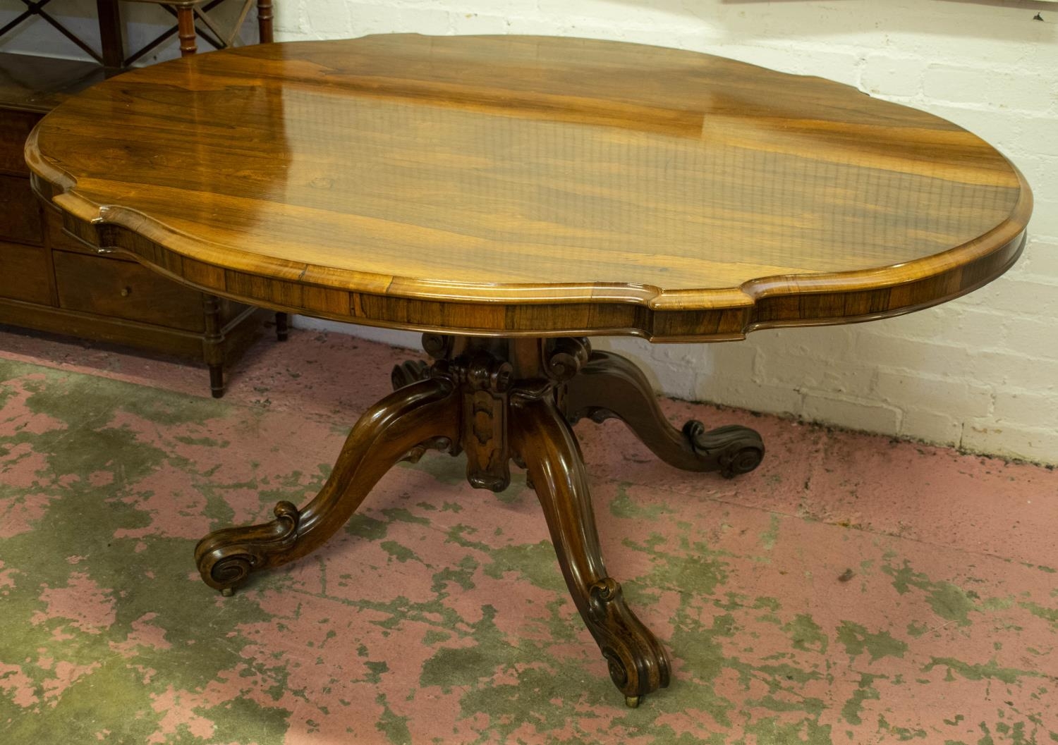 LOO TABLE, 75cm H x 153cm x 122cm, mid Victorian, rosewood with shaped tilting top, carved