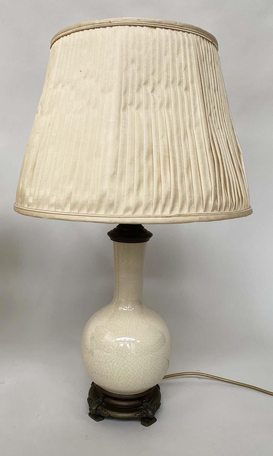 TABLE LAMPS, a pair, cream crackelure ceramic and bronze mounted of gourd form with silk pleated - Image 6 of 6