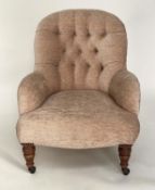 ARMCHAIR, Victorian walnut with gold plush velvet chenille upholstery, buttoned back and turned