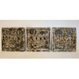 CROWN WALL RELIEF PLAQUES, a set of three, aged painted finish 50cm x 50cm each.