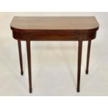 TEA TABLE, George III mahogany and line inlaid with D foldover top and tapering square section