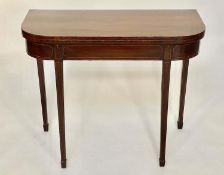 TEA TABLE, George III mahogany and line inlaid with D foldover top and tapering square section