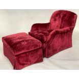 AMRCHAIR AND STOOL, Howard style scarlet velvet upholstered with feather filled cushions and