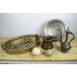 COLLECTION OF ISLAMIC METALWARE, including a large repeat patterned embossed tray, a ewer, round