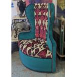 BESPOKE DESIGNED CORNER ARMCHAIR, in Schumacher Tabriz ikat velvet and contrasting blue fabric,