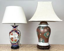 TABLE LAMPS, two, Chinese ceramic, one of temple jar form the other imari pattern, with carved