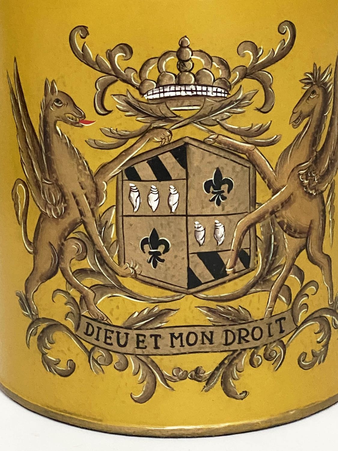CANNISTER LAMPS, a pair, yellow in the form of lidded tea canisters bearing Royal Coat of Arms - Image 3 of 9