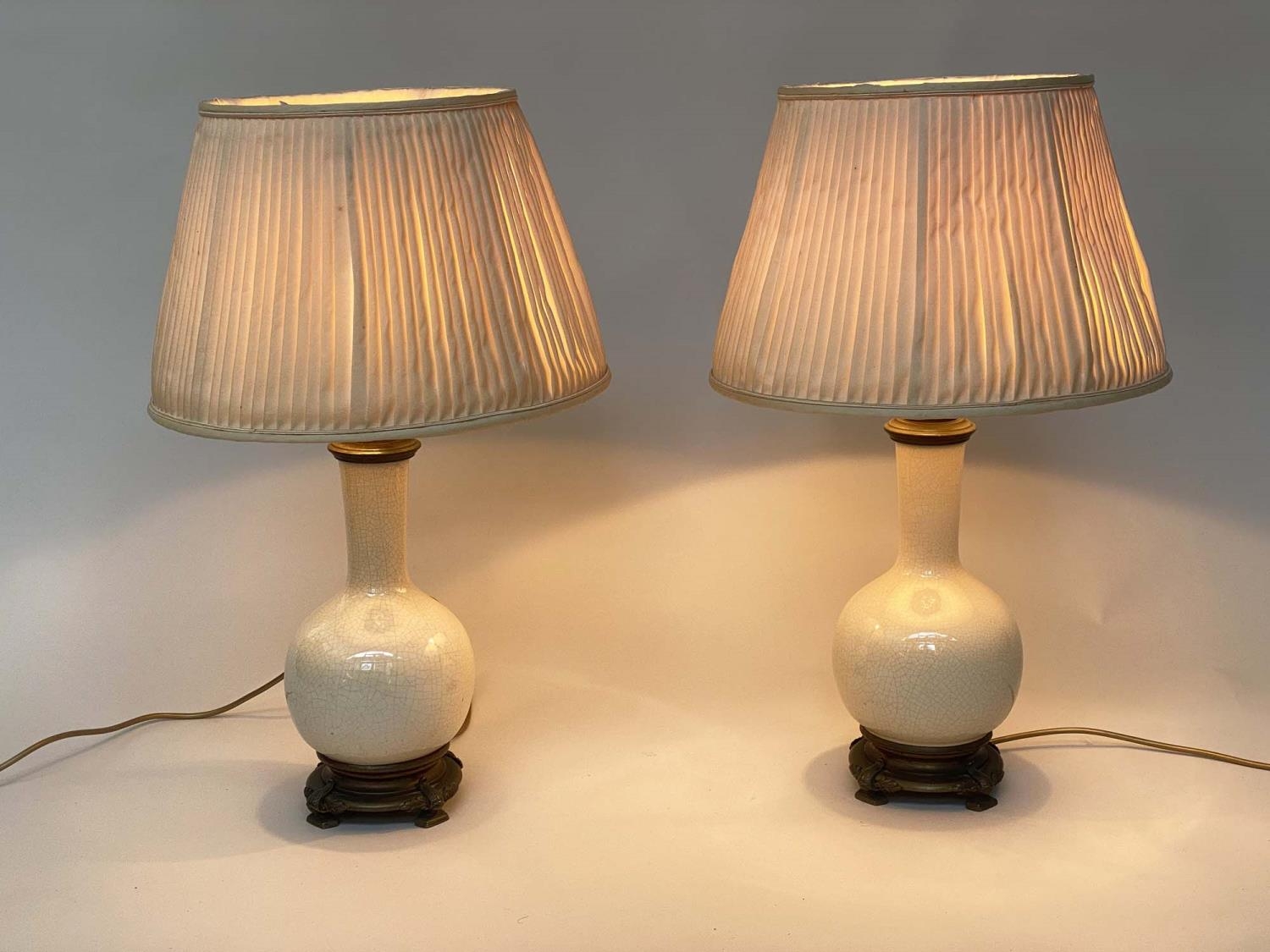 TABLE LAMPS, a pair, cream crackelure ceramic and bronze mounted of gourd form with silk pleated - Image 2 of 6