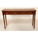 HALL TABLE, George III design burr walnut and crossbanded with four frieze drawers, 127cm x 33cm x