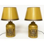 CANNISTER LAMPS, a pair, yellow in the form of lidded tea canisters bearing Royal Coat of Arms