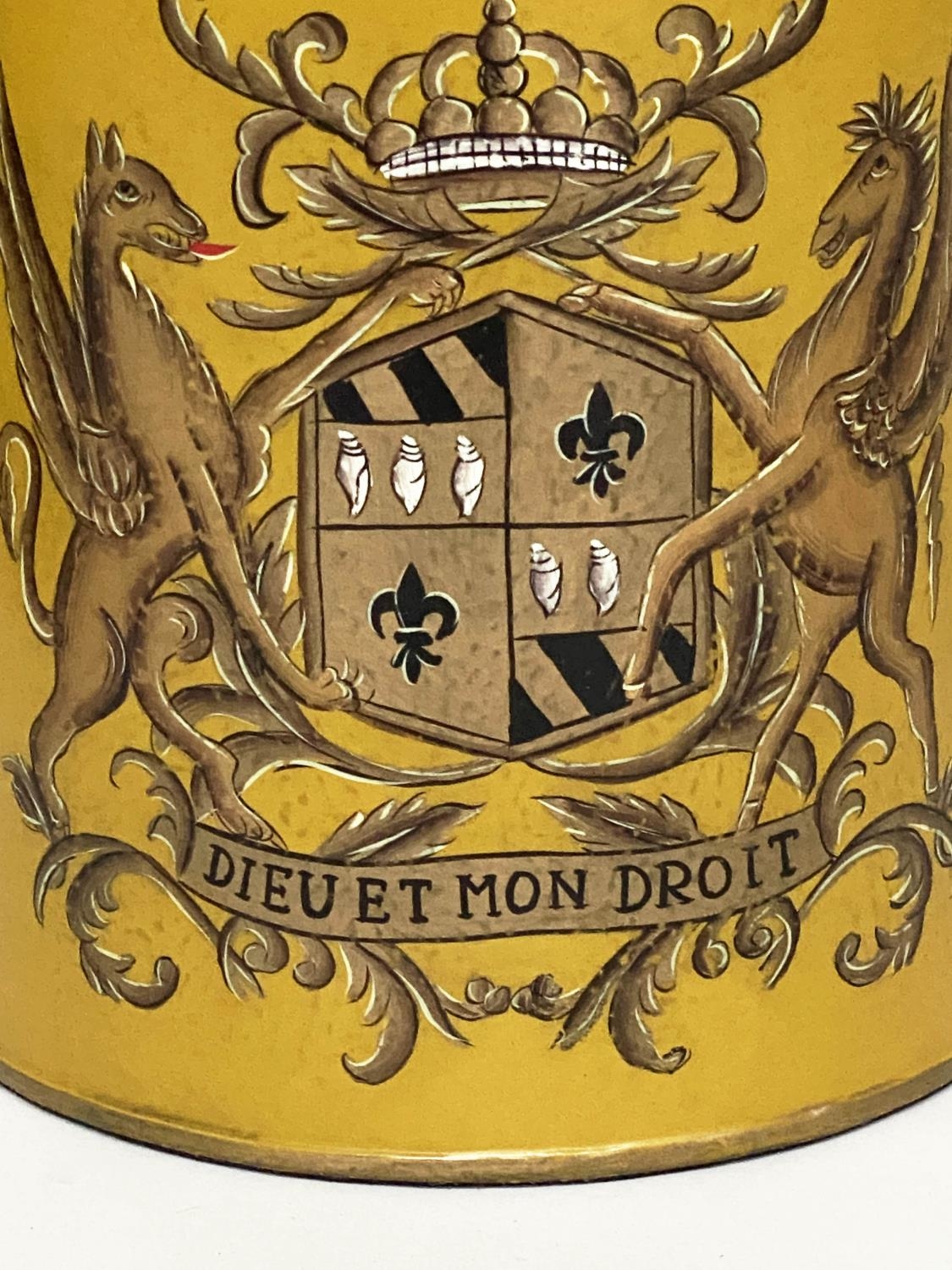CANNISTER LAMPS, a pair, yellow in the form of lidded tea canisters bearing Royal Coat of Arms - Image 2 of 9