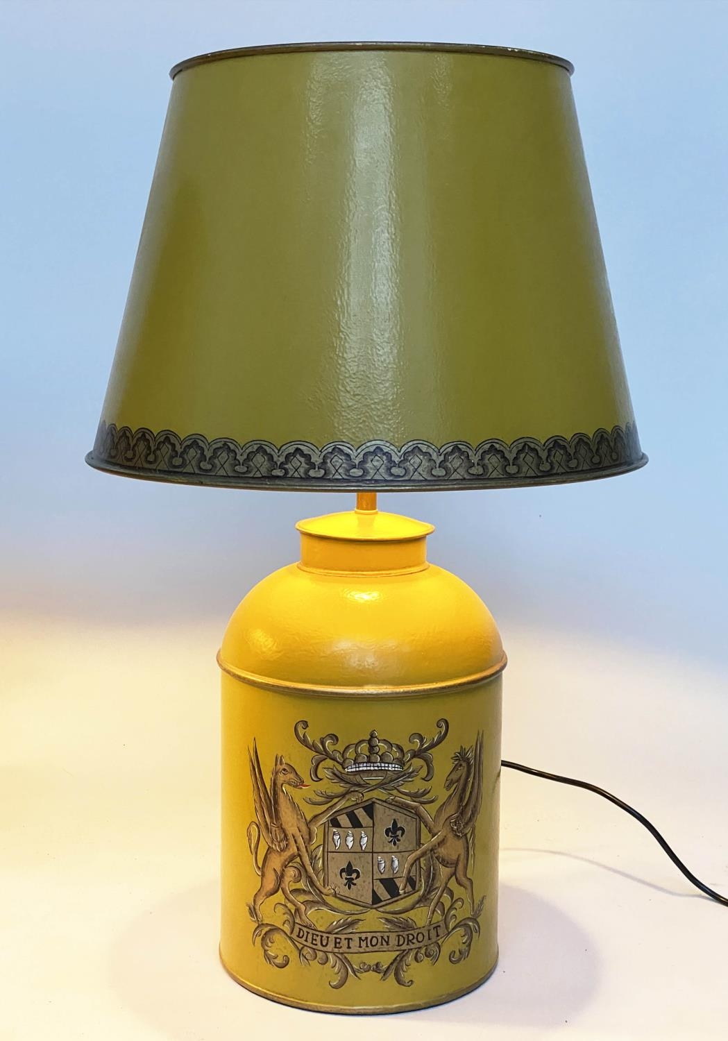 CANNISTER LAMPS, a pair, yellow in the form of lidded tea canisters bearing Royal Coat of Arms - Image 5 of 9