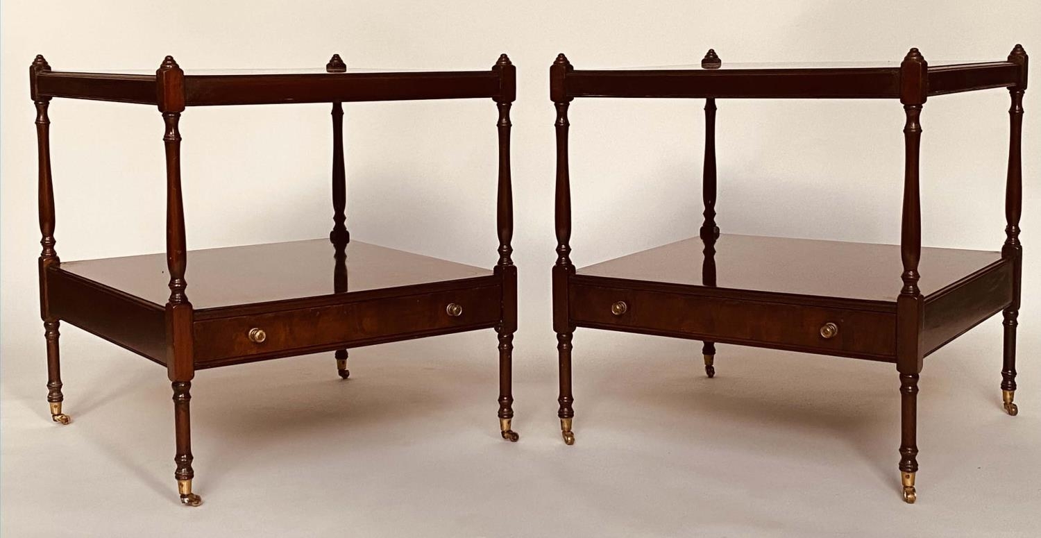 LAMP TABLES, a pair, George III design flame mahogany each with two tiers and a drawer, 56cm x - Image 3 of 5