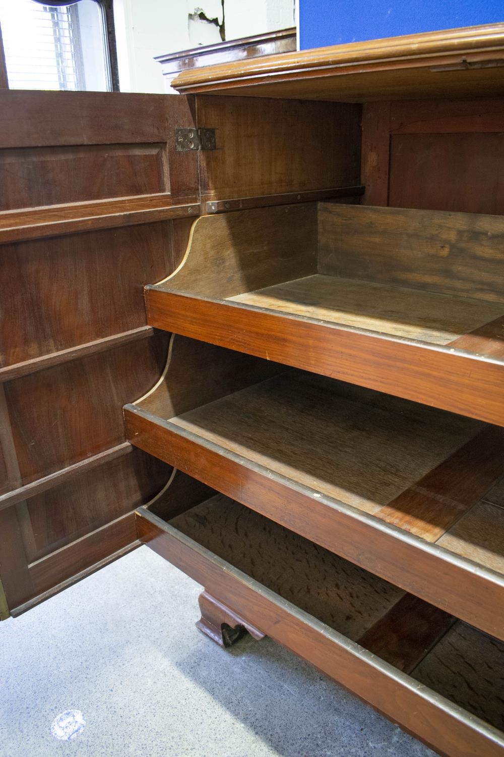 PRESS CUPBOARD, 143cm H x 192cm x 64cm D, George III mahogany of two doors enclosing sliding trays - Image 2 of 5