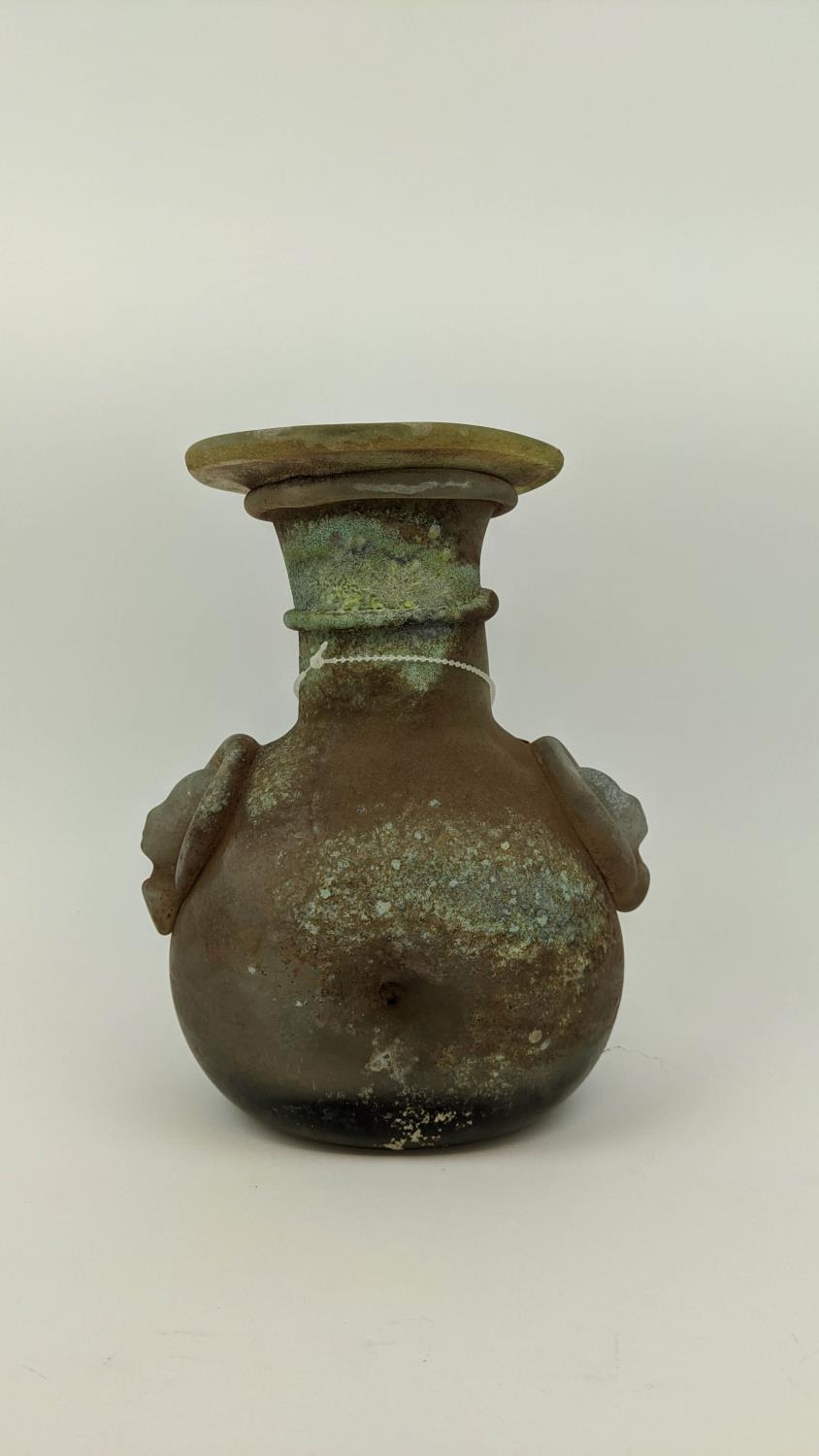 ART GLASS VASE, in the style of Roman glass, bottle neck form, dimple body, handles to shoulders - Image 2 of 8