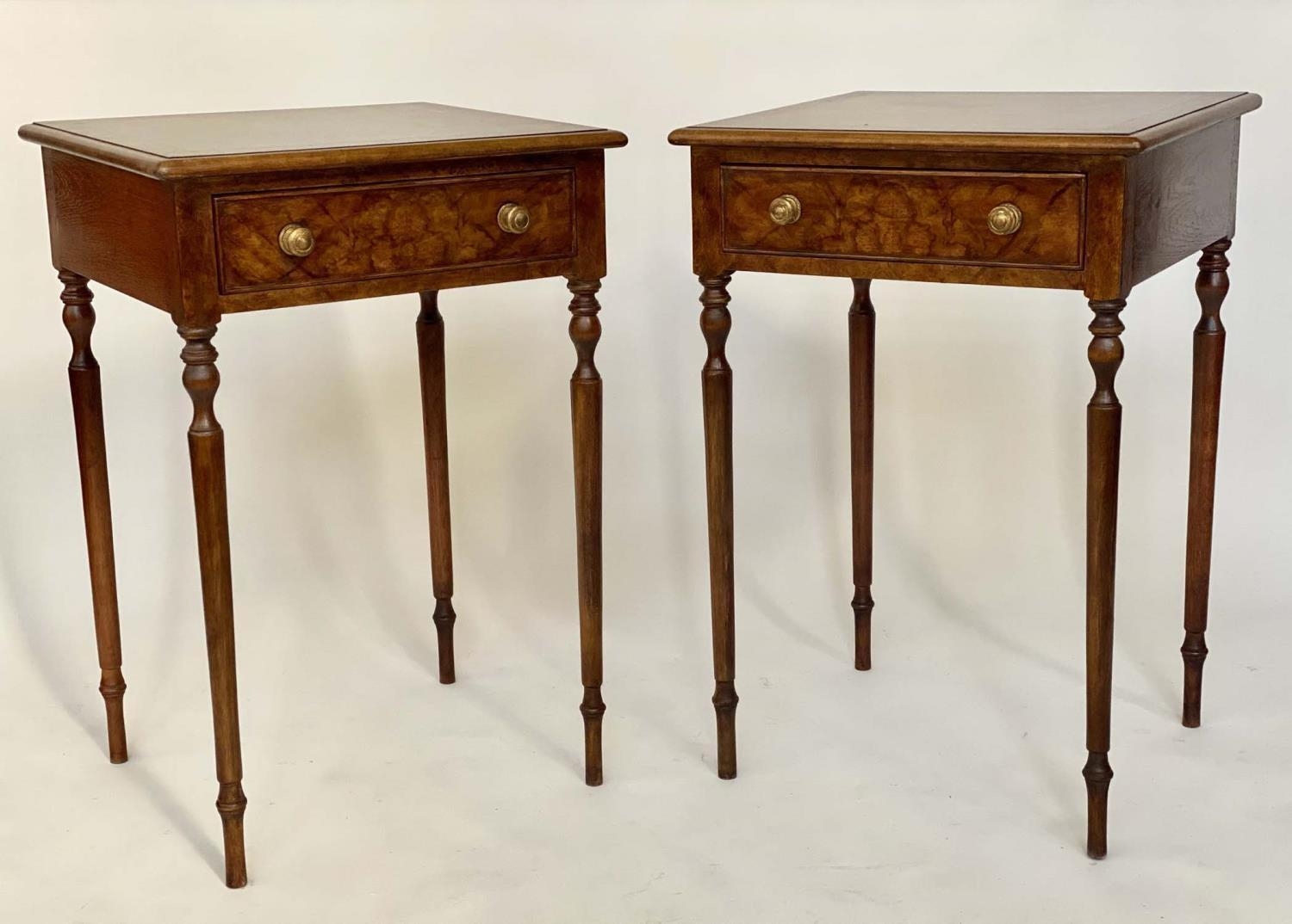 LAMP TABLES, a pair, George III design burr walnut and crossbanded each with frieze drawer and