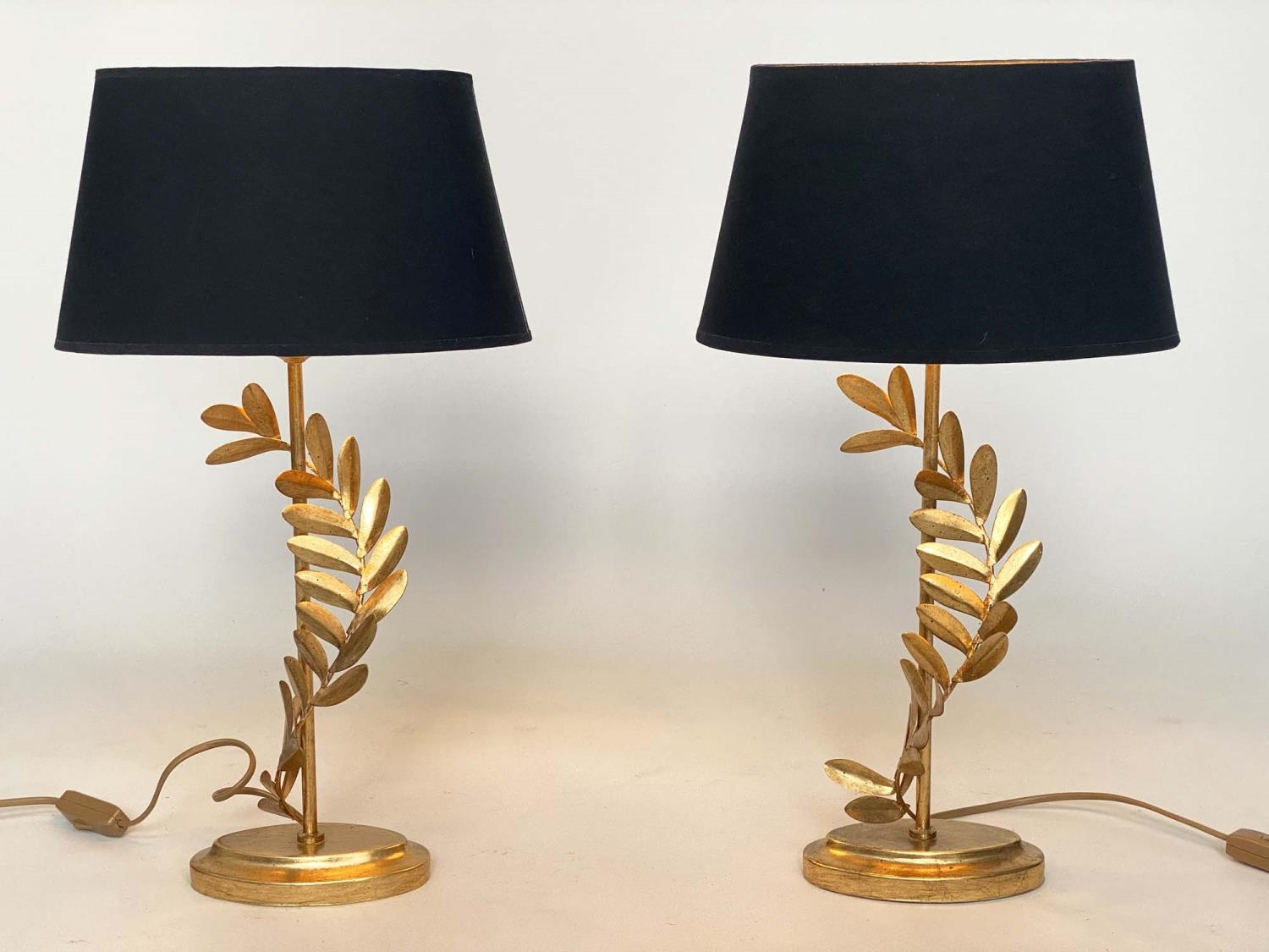 TABLE LAMPS, a pair, by Laura Ashley oval black shades and fern gilt metal supports, 54cm H. (2)