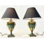 TABLE LAMPS, a pair, 53cm H, Regency style, dark green and gilt urn form, with lion mask handles and