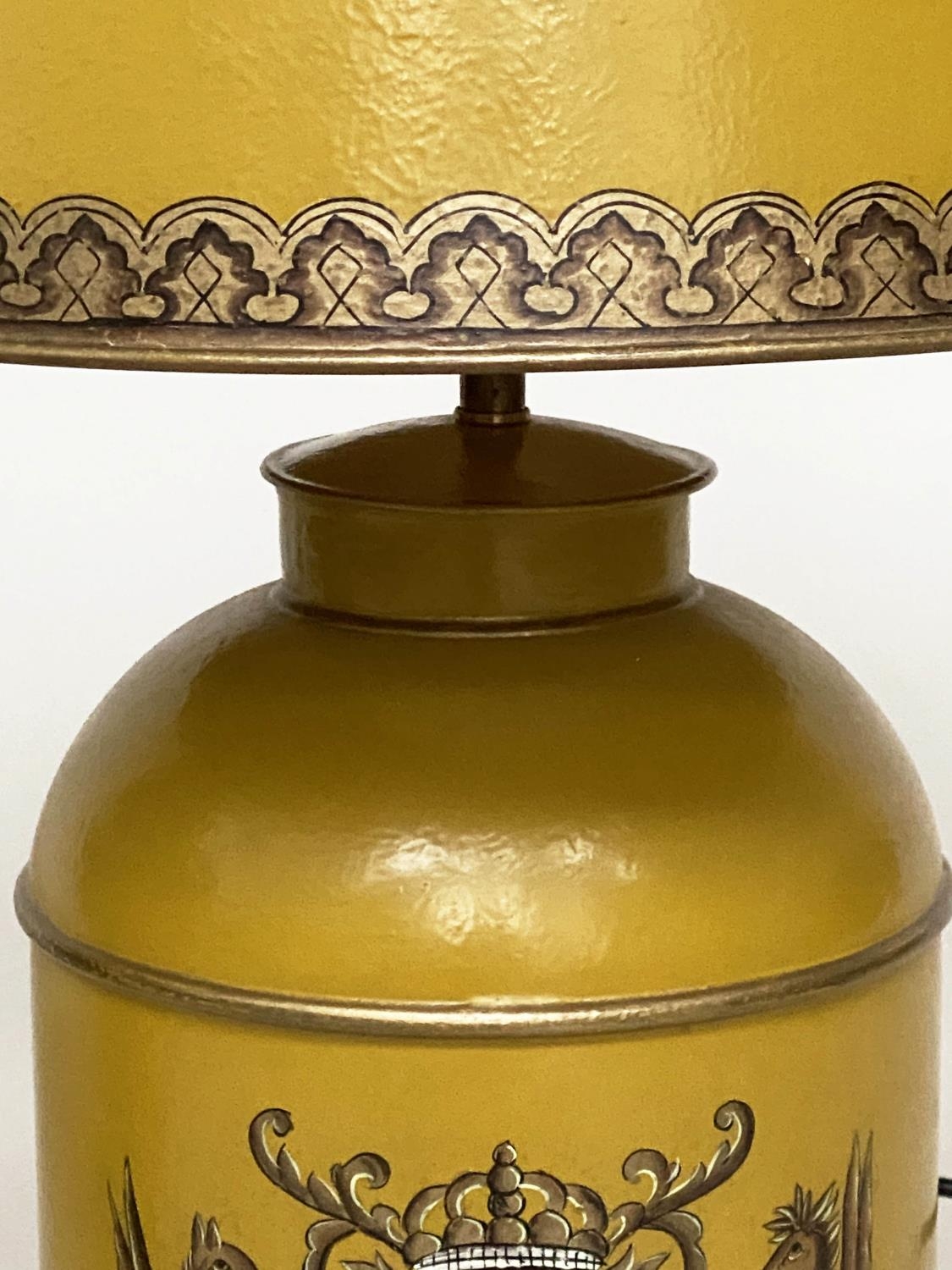 CANNISTER LAMPS, a pair, yellow in the form of lidded tea canisters bearing Royal Coat of Arms - Image 8 of 9