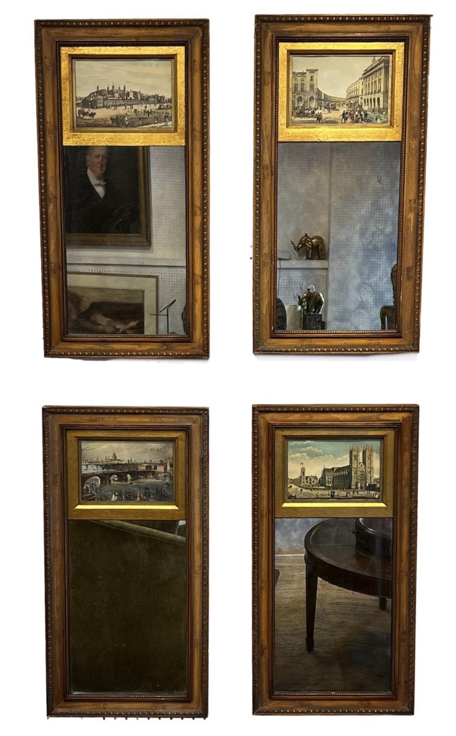 PIER MIRRORS, a set of four, inset with 19th century style prints of London, each 53cm x 28cm. (4)