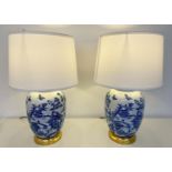 TABLE LAMPS, a pair, Chinese export style blue and white ceramic, with shades, 55cm x 35cm x