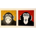 CONTEMPORARY SCHOOL DIPTYCH, Monkeying around, acrylic on canvas with nut detail, 80cm x 80cm.