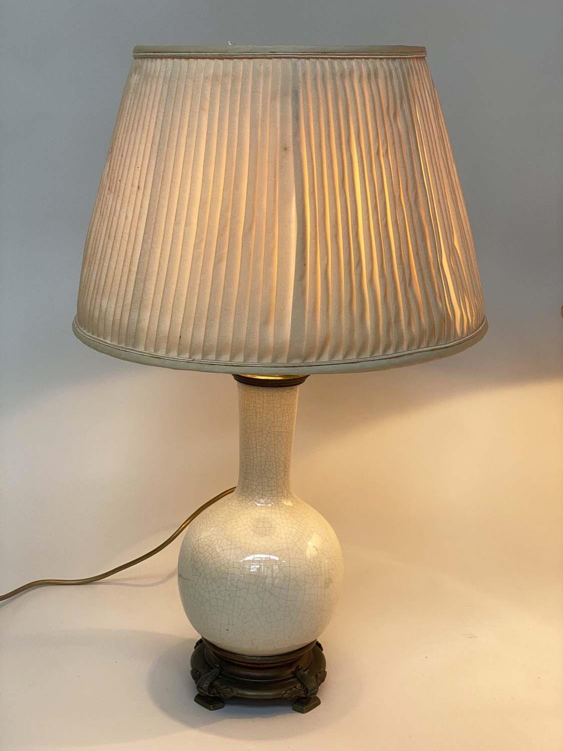 TABLE LAMPS, a pair, cream crackelure ceramic and bronze mounted of gourd form with silk pleated - Image 4 of 6