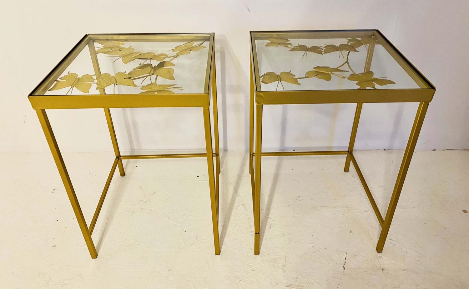 WINE TABLES, a pair, 51cm high, 40cm wide, the tops with butterfly motifs, overlaid glass, gilt