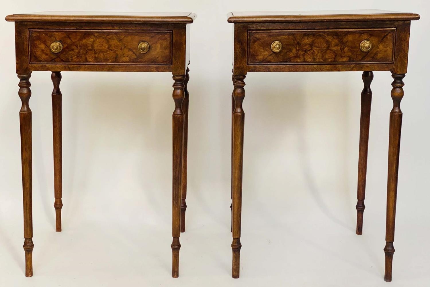 LAMP TABLES, a pair, George III design burr walnut and crossbanded each with frieze drawer and - Image 5 of 5