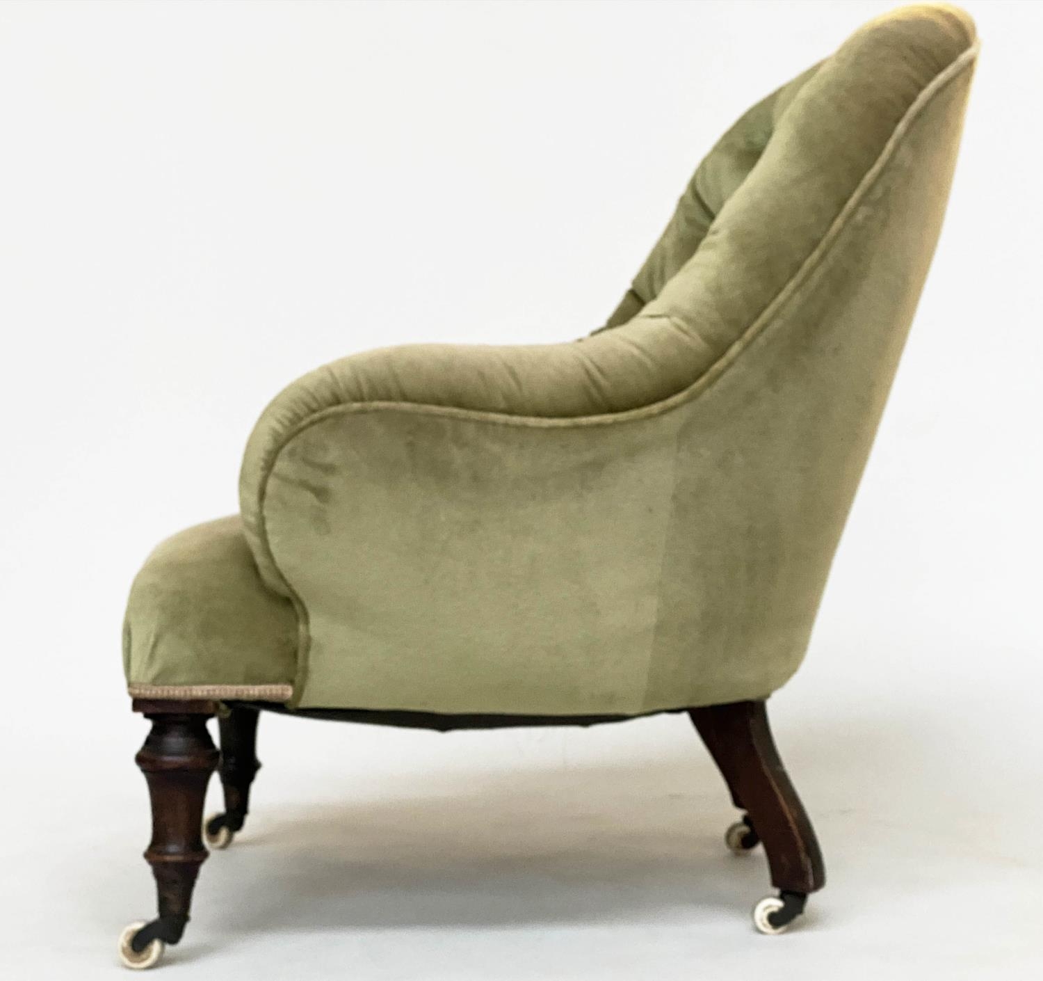 ARMCHAIR, Victorian, moss green velvet upholstered with arched buttoned back and turned supports, - Image 3 of 8