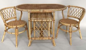 TERRACE SET, cane bound bamboo framed and wicker panelled with trellis backs and undertier, 102cm