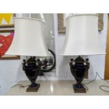 TABLE LAMPS, a pair, urn form, gilt metal mounts, with shades, 81cm H. (2)