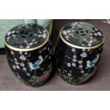 CHINESE STOOLS, a pair, Chinese ceramic, barrel shaped with birds and blossom decoration, 44cm H. (