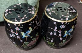 CHINESE STOOLS, a pair, Chinese ceramic, barrel shaped with birds and blossom decoration, 44cm H. (