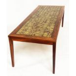 LOW TABLE, 168cm W x 62cm D x 52cm H, early 1970s, top in Biba mottled brown and green tiles, within