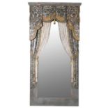 ARCHITECTURAL WALL MIRROR, 201cm high, 104cm wide, 16cm deep, with faux curtain detail frame.