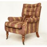 MULBERRY ARMCHAIR, Mulberry Burford armchair with buttoned back, scroll arms and turned supports,