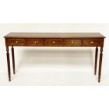 HALL TABLE, Regency design burr walnut and crossbanded with five frieze drawers and reeded supports,