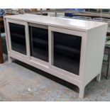 PINCH SIDEBOARD, 150cm L x 83cm H x 53cm D with sliding glass doors enclosing shelves.