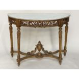 CONSOLE TABLE, 19th century French carved giltwood with demi lune carrara white marble top and