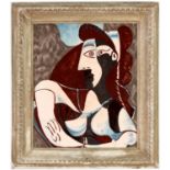 AFTER PABLO PICASSO, seated woman on silk, vintage French frame, 69.5cm x 58cm.