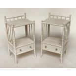FAUX BAMBOO LAMP TABLES, a pair, grey painted faux bamboo each two tiers with drawer, 39cm W x