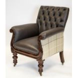 ARMCHAIR, 93cm H x 72cm, William IV mahogany in brown leather and check material on brass castors.