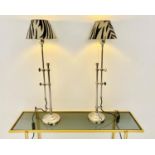 TABLE LAMPS, pair, 68cm high, 20cm diameter, zebra print shades, height adjustable. (2)