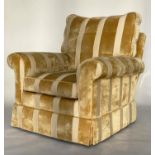 ARMCHAIR BY 'DURESTA', striped cut gold yellow velvet upholstered with scroll arms and feather