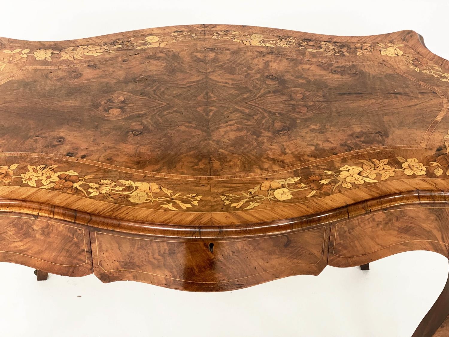 BUREAU PLAT, 19th century French Louis XV style burr walnut and gilt metal mounted with frieze - Image 5 of 7