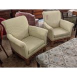 ARMCHAIRS, 90cm H x 82cm, a pair, Empire style walnut and gilt heightened in striped yellow and