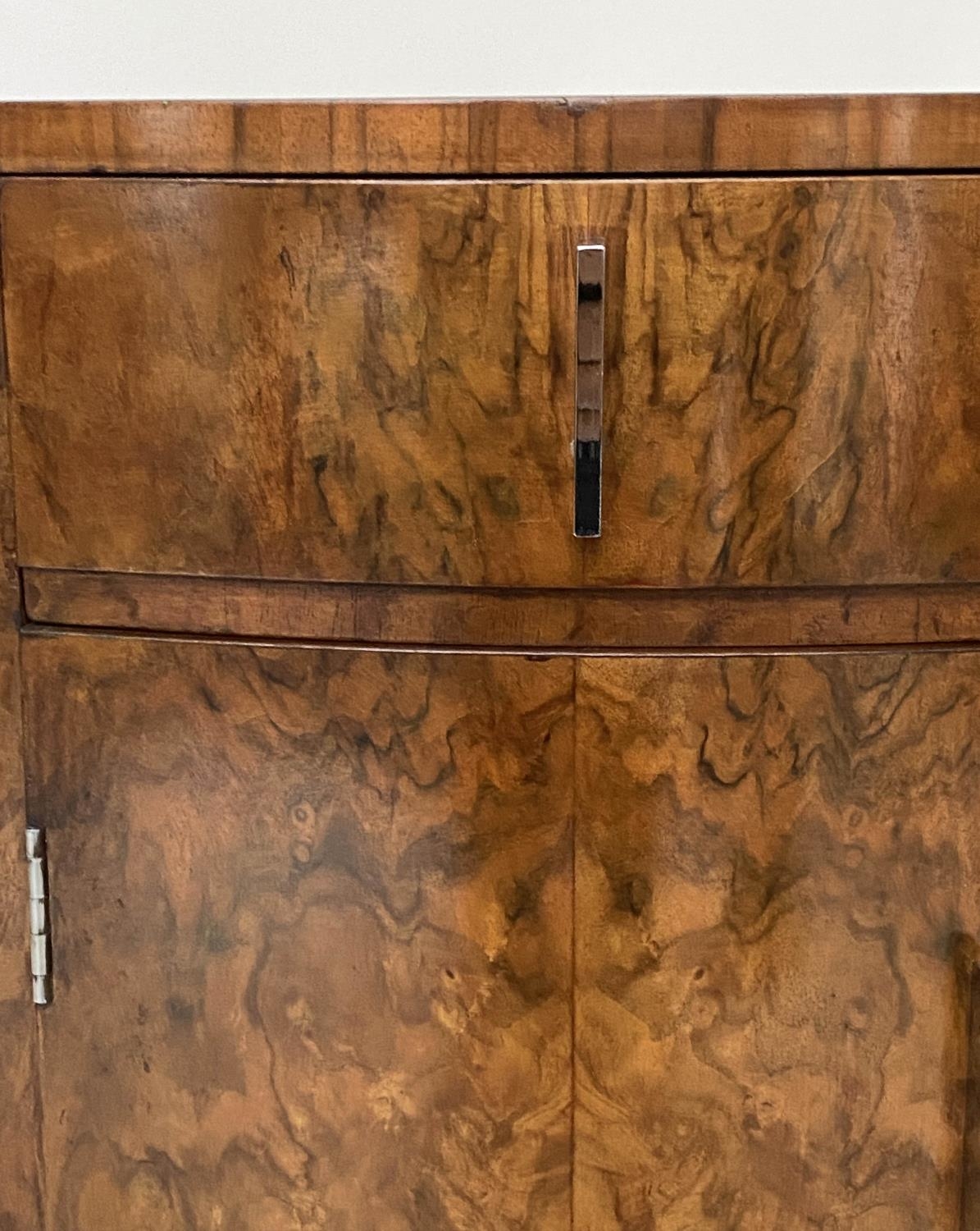 BEDSIDE CABINETS, a pair, Art Deco period burr walnut of bowed outline each with drawer and door, - Image 2 of 8