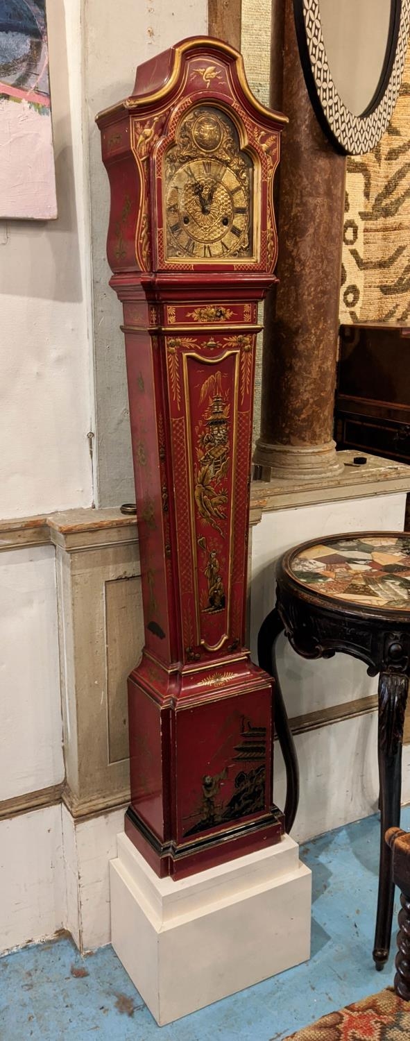 DWARF LONGCASE CLOCK, 27cm W x 138cm H x 18cm D scarlet lacquered, chinoiserie decorated bearing "