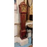 DWARF LONGCASE CLOCK, 27cm W x 138cm H x 18cm D scarlet lacquered, chinoiserie decorated bearing "